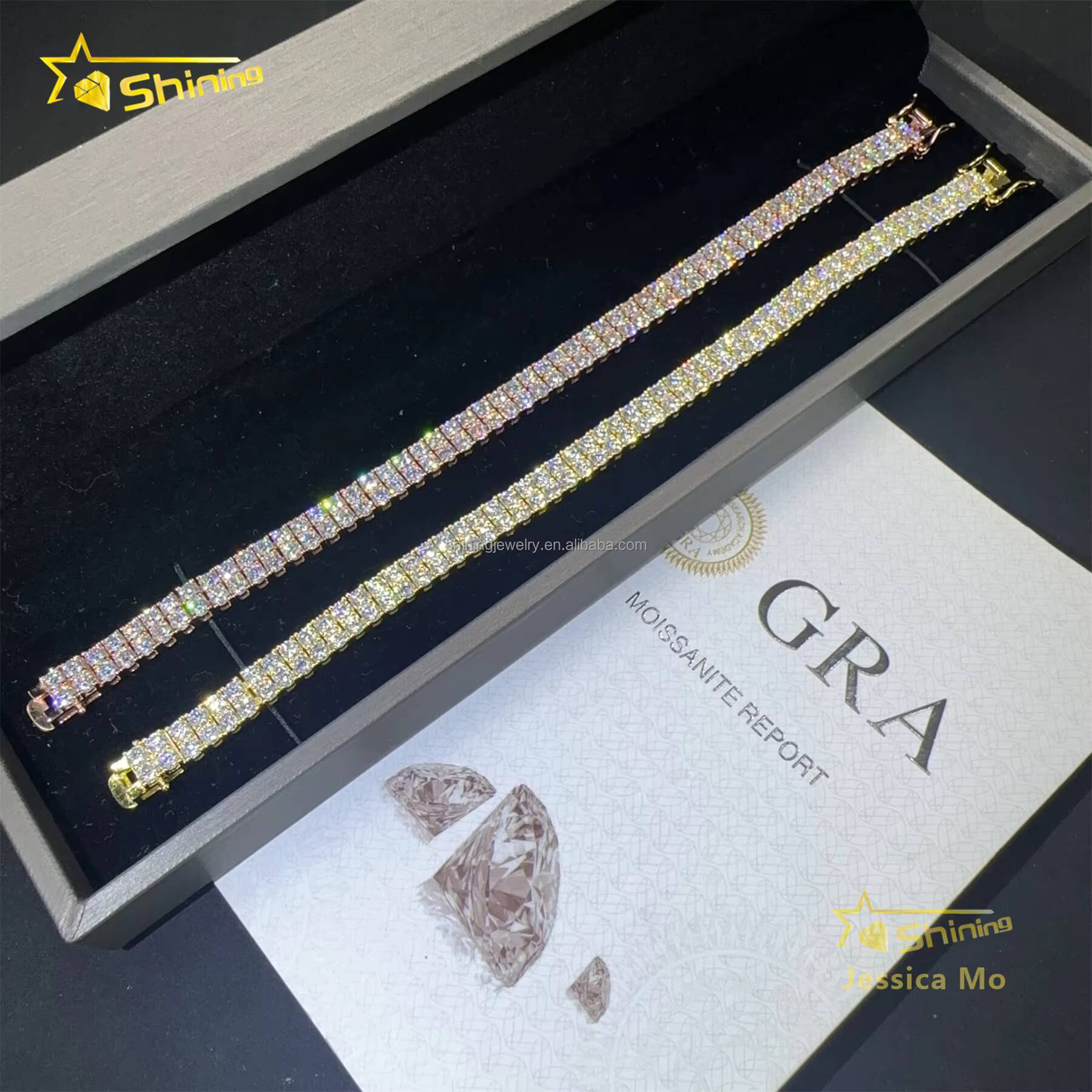Bulk Stock New Arrivals S925 Solid Silver Two Rows 3mm Hip Hop Jewelry VVS1 Moissanite Iced Out GRA Certificate Tennis Bracelet