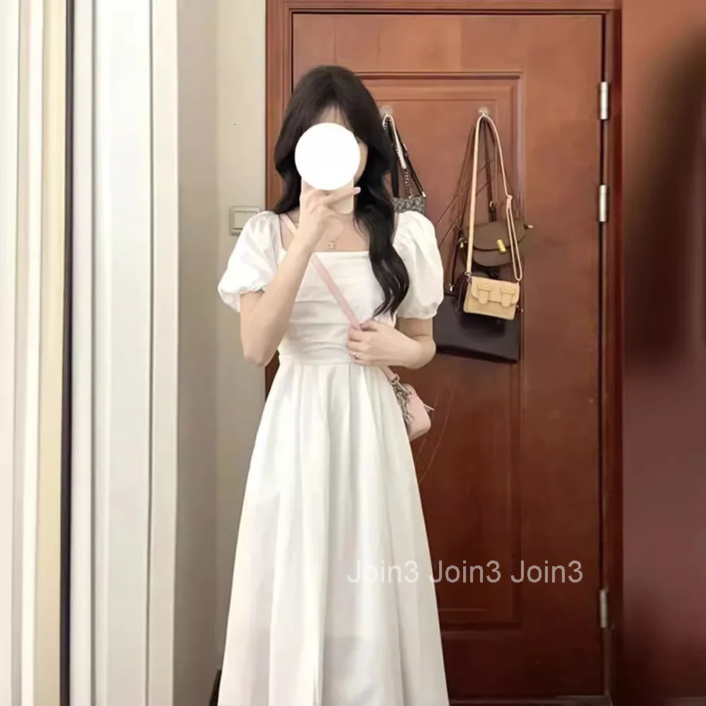 Elegant High-Waisted Long Dress Slimming Petite Puff Sleeve Summer New Style French Chic Square Collar White Dress For Women