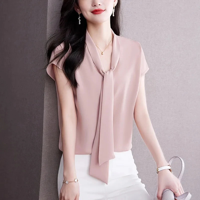 Bow Tie Blouse Shirt for Women OL Elegant Blouses Satin Womens Tops Silk Female Clothing Korean Fashion Short Sleeve Blouse 250806