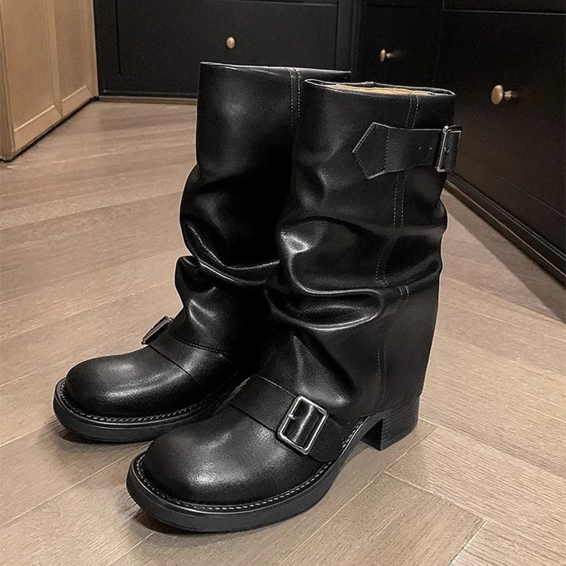 Womens Boots Slip on Female Mid-calf Boots Retro Biker Boots Fashion Block Heels Women Shoes Pu Leather Zapatos De Mujer 250731