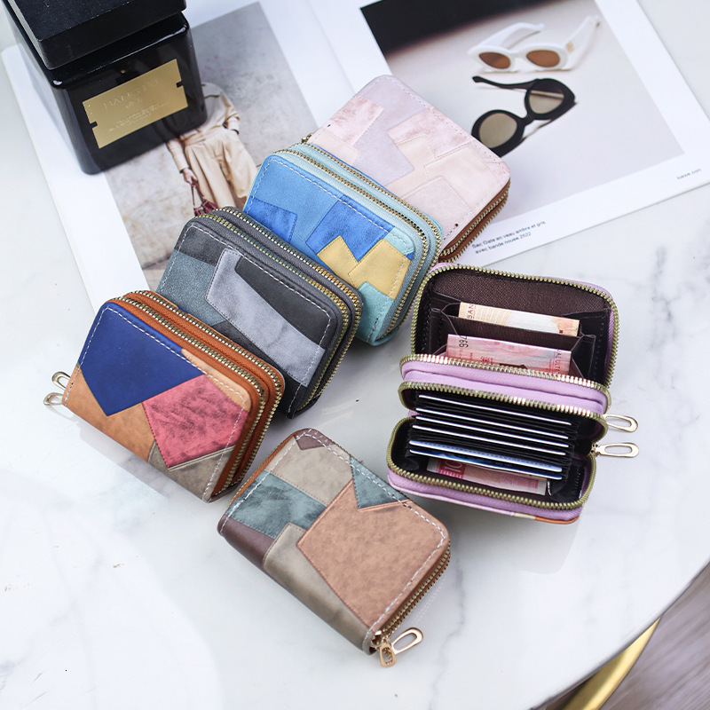 New Double Zipper Accordion Card Holder Color Block Multifunctional Short Wallet Multi-Card Slot Coin Purse