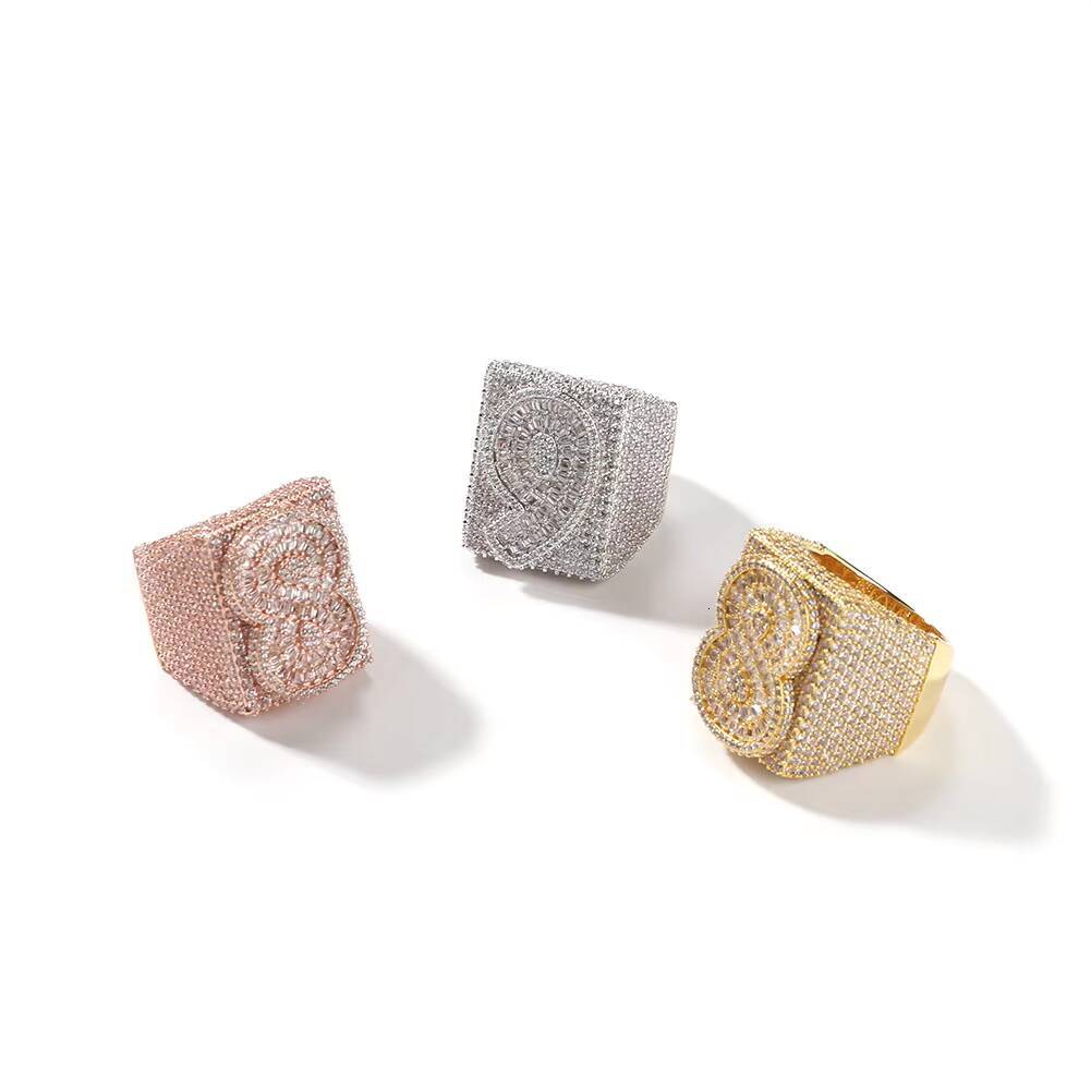 Custom Fashion Jewelry Letter Ring Exaggerate Luxury Lucky Number Signet Ring Iced Zircon Diamond Square A-Z Initial Signet Ring