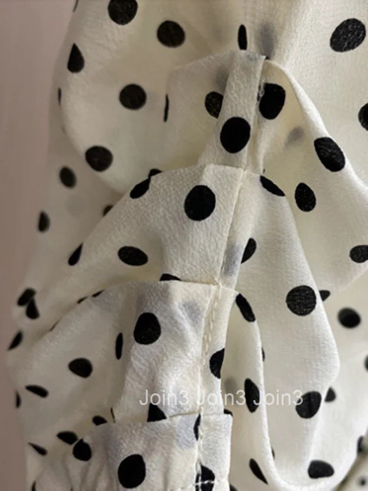 Elegant Party Dress Summer V-Neck Half Puff Sleeves High Waist Line Bow Decoration Polka Dots Women Temperament Dress