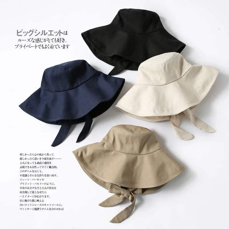 Summer Spring Japan Tie Bucket Hat Women Korean Big Brim Fisherman Hat Foldable Sunscreen Chic Cotton Linen Beach Sun Hat 250805