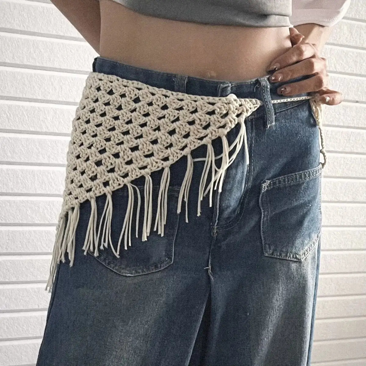 Lady Skirt Korea Ins Weave Triangular Scarf Tie Straps Y2k Fashion Matching Apron Fart Curtain Headscarf Hollowing Out 250806