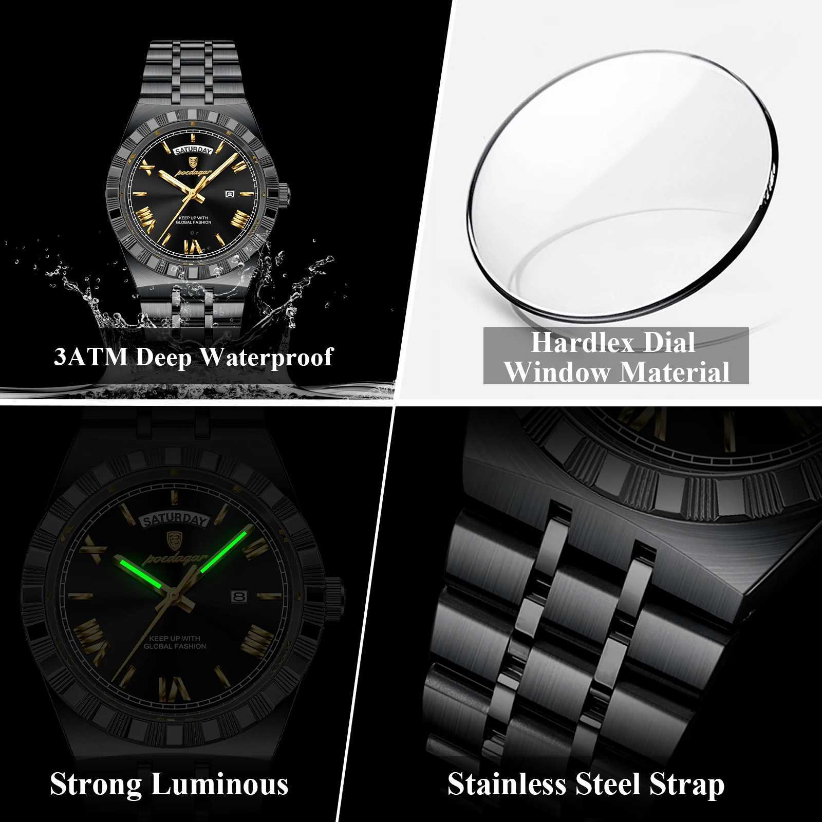 POEDAGAR Sports Men Wrist Week Date Stainless Steel Casual Men Luminous Waterproof Quartz Fashion Mens Watch W250806