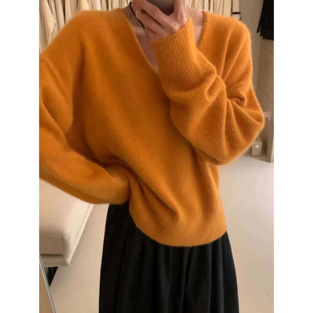 Foreign Style V-Neck Pure Cashmere Women Lazy Loose Knit Sweater Korean Version Of Thin Wool Base Shirt Top 250806
