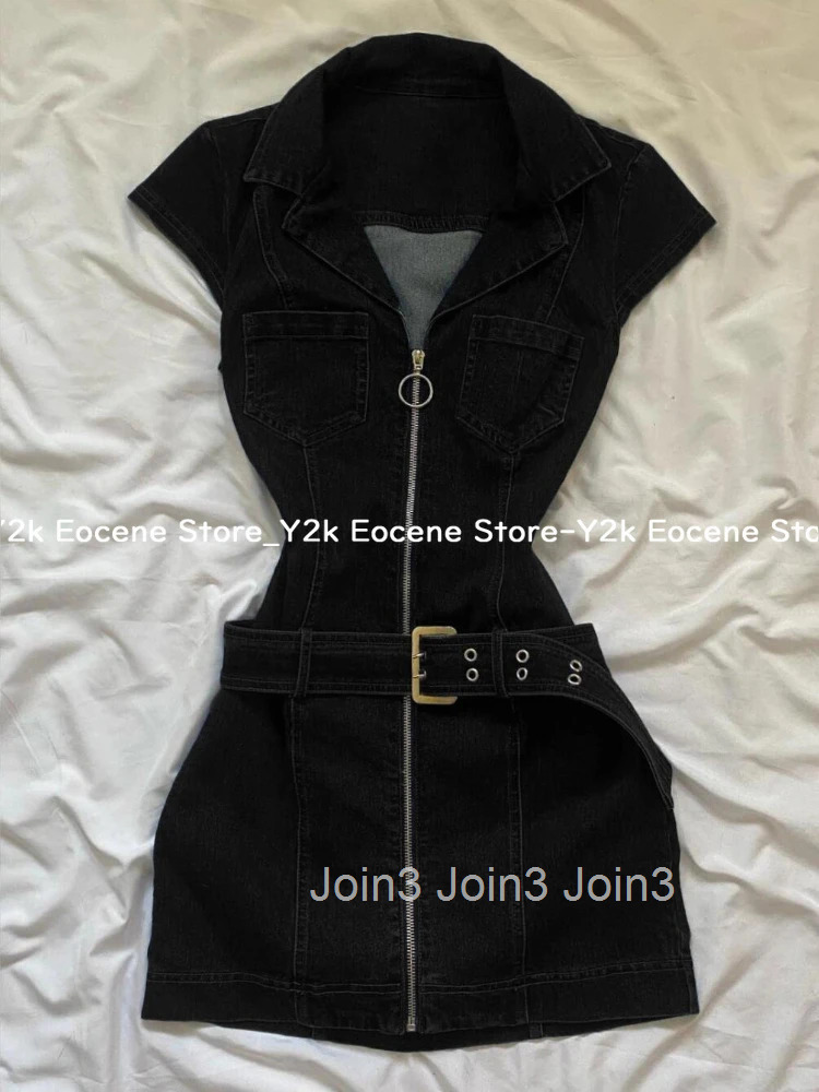 American Retro Black Denim Short Dress Women Summer Zipper Elegant Slim One Piece Dress Korean Fashion Design Casual Clothing