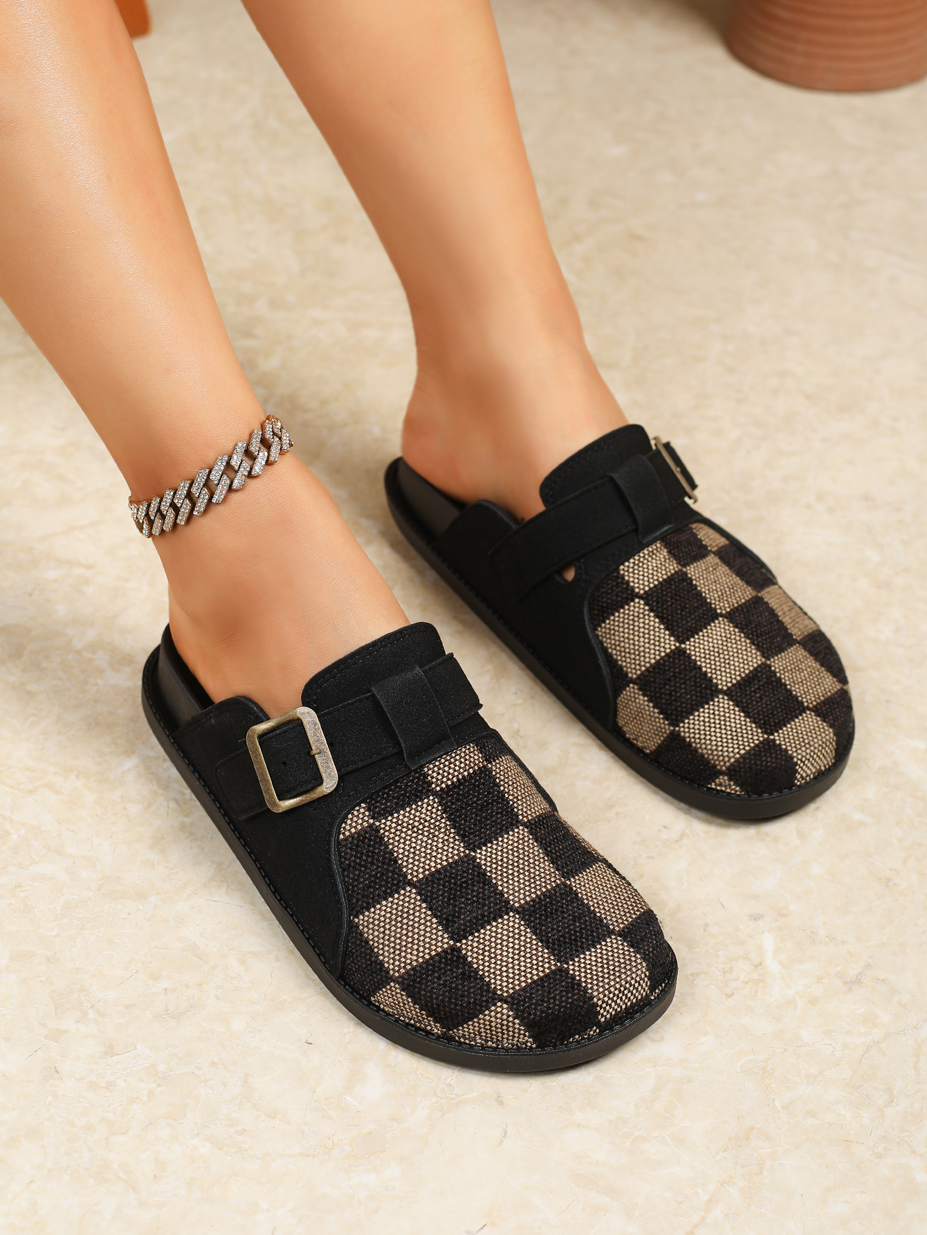 Slippers Women's Checkerboard Print Mules - Casual Buckle Strap Slip-On Shoes with Multiple Colors