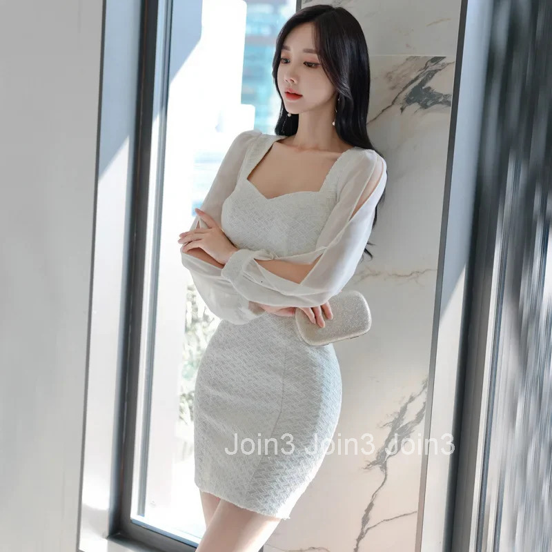 Spring Autumn Korean Style Sexy Chic Square Collar Slimming Short Skirt Dress with Chiffon Sleeves Bodycon Mini Dress