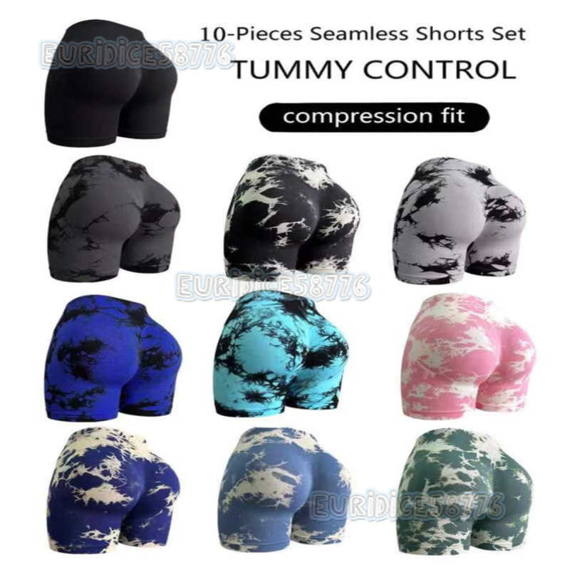 2024 New Tie-dye Peach Hip Yoga Shorts Seamless Yoga Pants Running Fitness Pants Sports Shorts for Women H250806