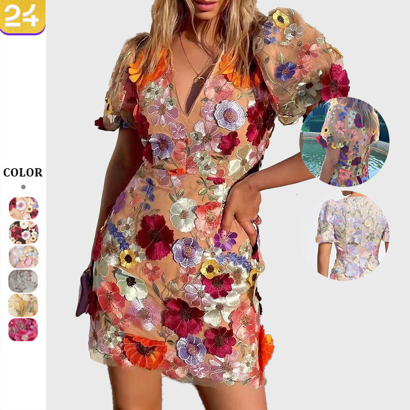 2025 Summer New V-neck 3D Flower Tight Lantern Sleeve Dress Sexy Embroidered Dress trend New Designer Dress