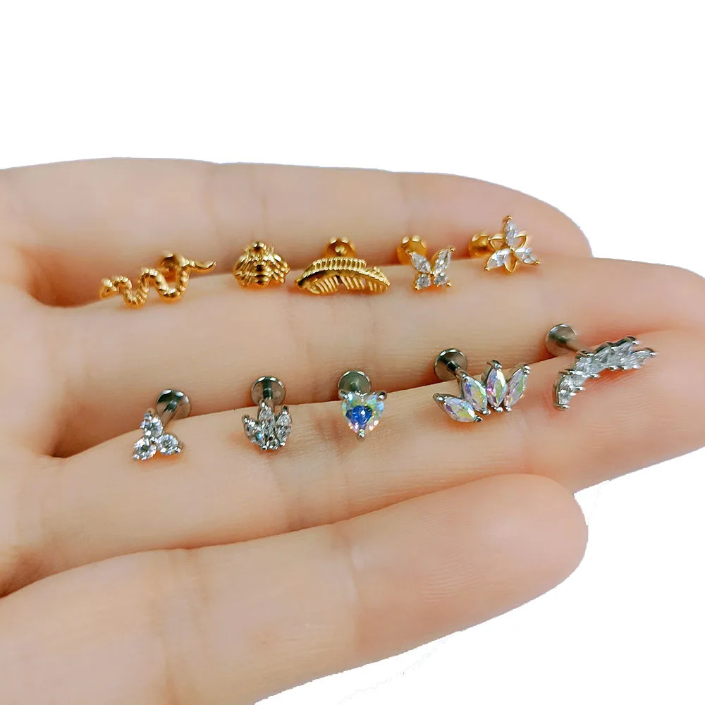 Flower Moon Butterfly Labret Stud Cross Claw Leaf Daith Conch Stud Earring Crown CZ Lip Internal Thread Piercing Steel 250805