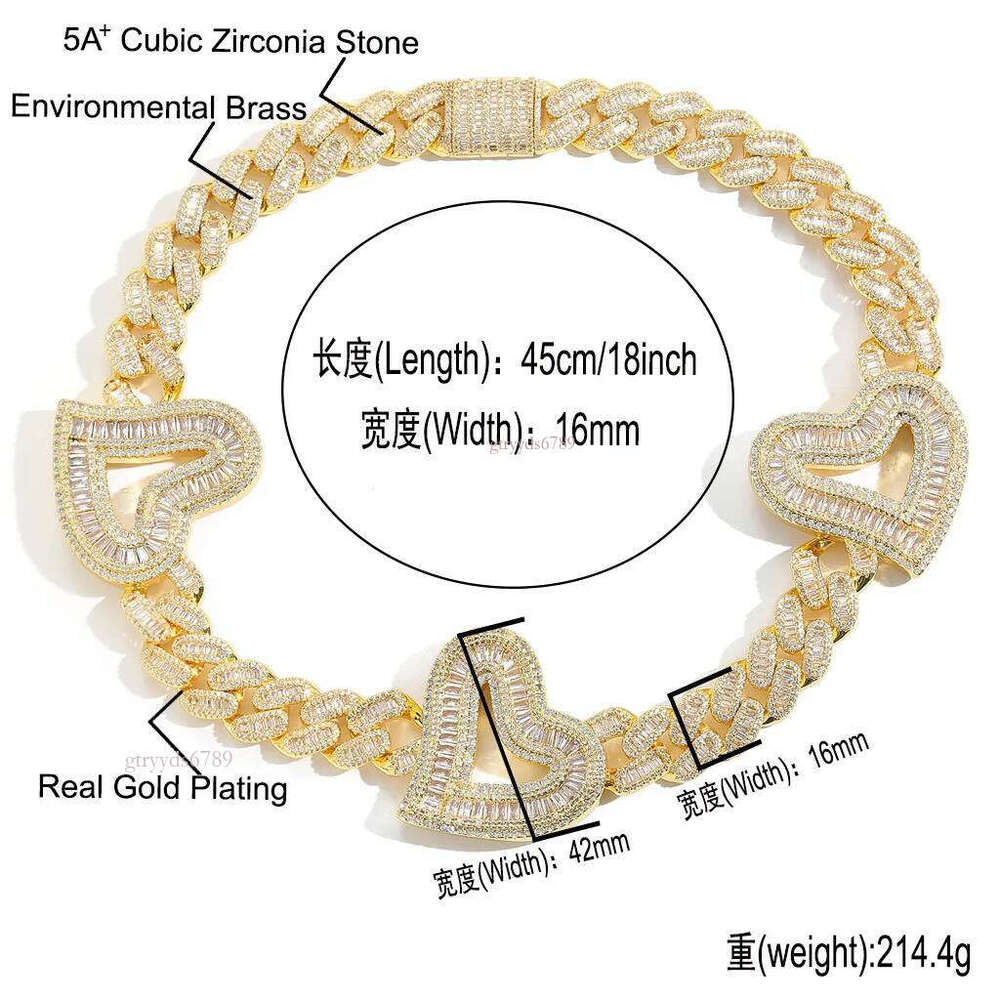 Mens Heavy Hip Hop Chians 16mm 16-22inch Gold Plated Baguette CZ Hearts Cuban Chain Necklace Gift for Friends