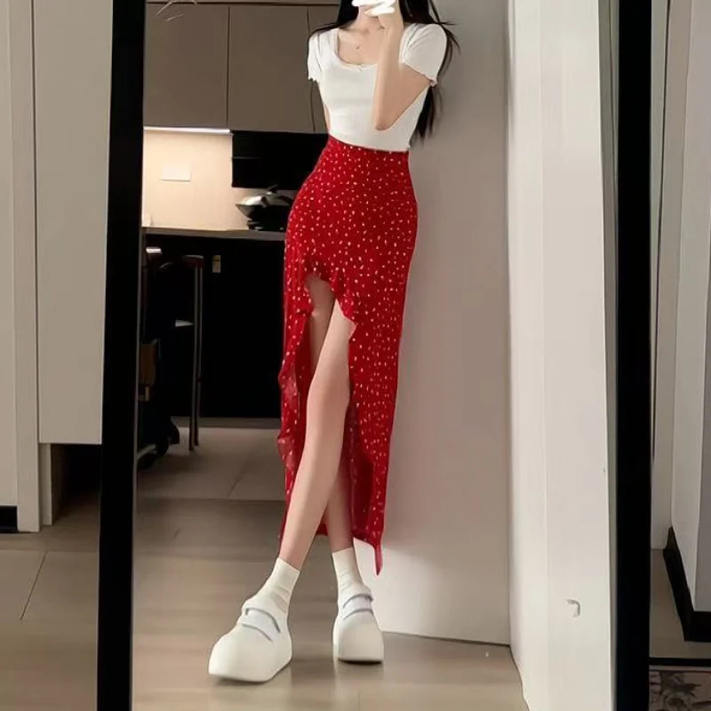Ruffled Floral Skirt for Women Summer Mid Long High Waist Skirt Red Irregular Sexy Split Skirt Fashion Beachwear Y2k Clothing 250806