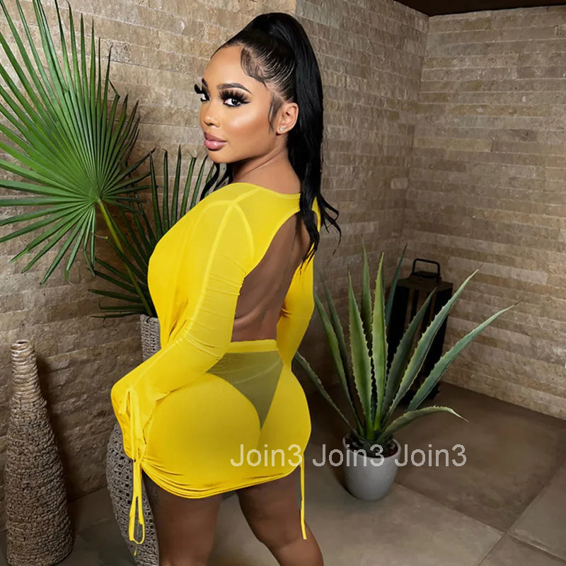 Sexy Women Tulle Backless Dress Transparent Deep V Slim Party Mini Dress Nightclub Dance Elegant Long Sleeve Bodycon 2-piece Set