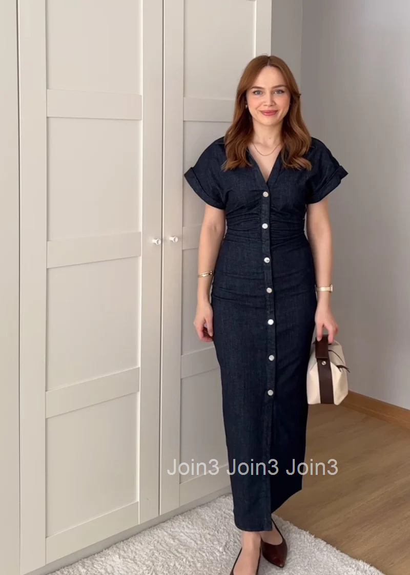 ETJ traf Spring New 1975 series denim MIDI dress with lapel side zipper fashion wrinkle waist slim elegant dress