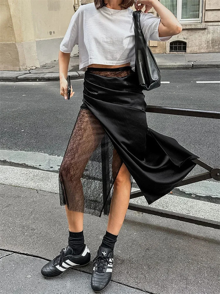 Tossy Black Lace Summer Maxi Skirt For Women Patchwork High Waist Fashion PU Leather Sexy Streetwear Female Y2k Long Skirt 2025 250806