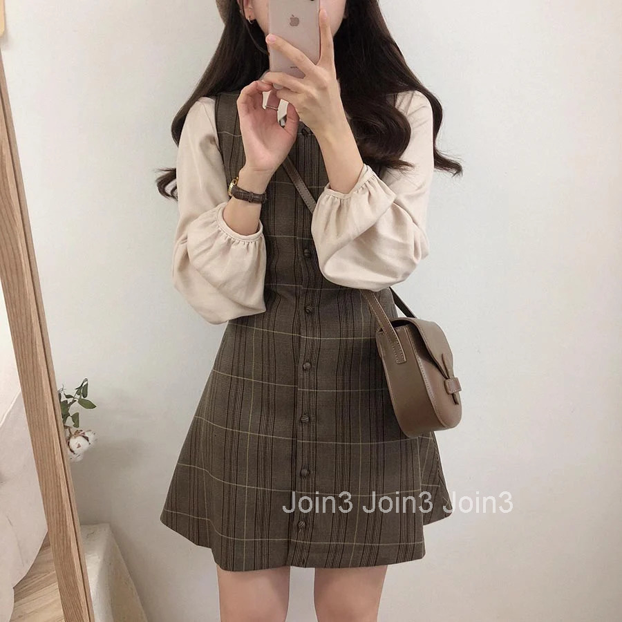 Preppy Sty Japan Girls Matching Outfits Date Lady Autumn Spring A Line Women Plaid Shirt Dress