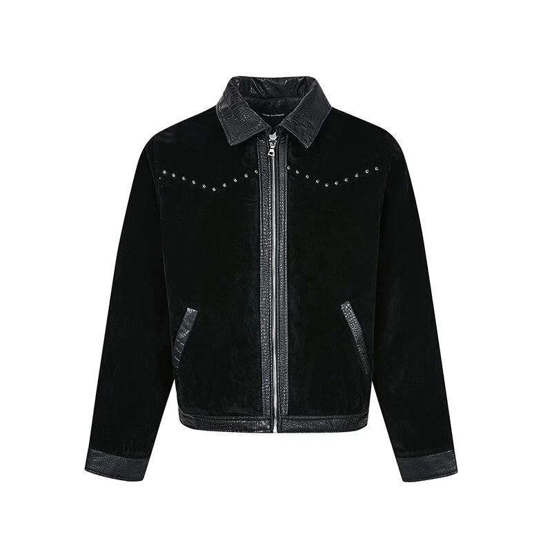 FEWQ High Street Mens Coats Turn-down Collar PU Leather Patchwork Metal Rivets Zipper Solid Color Casual Male Jackets 24K3450 250806
