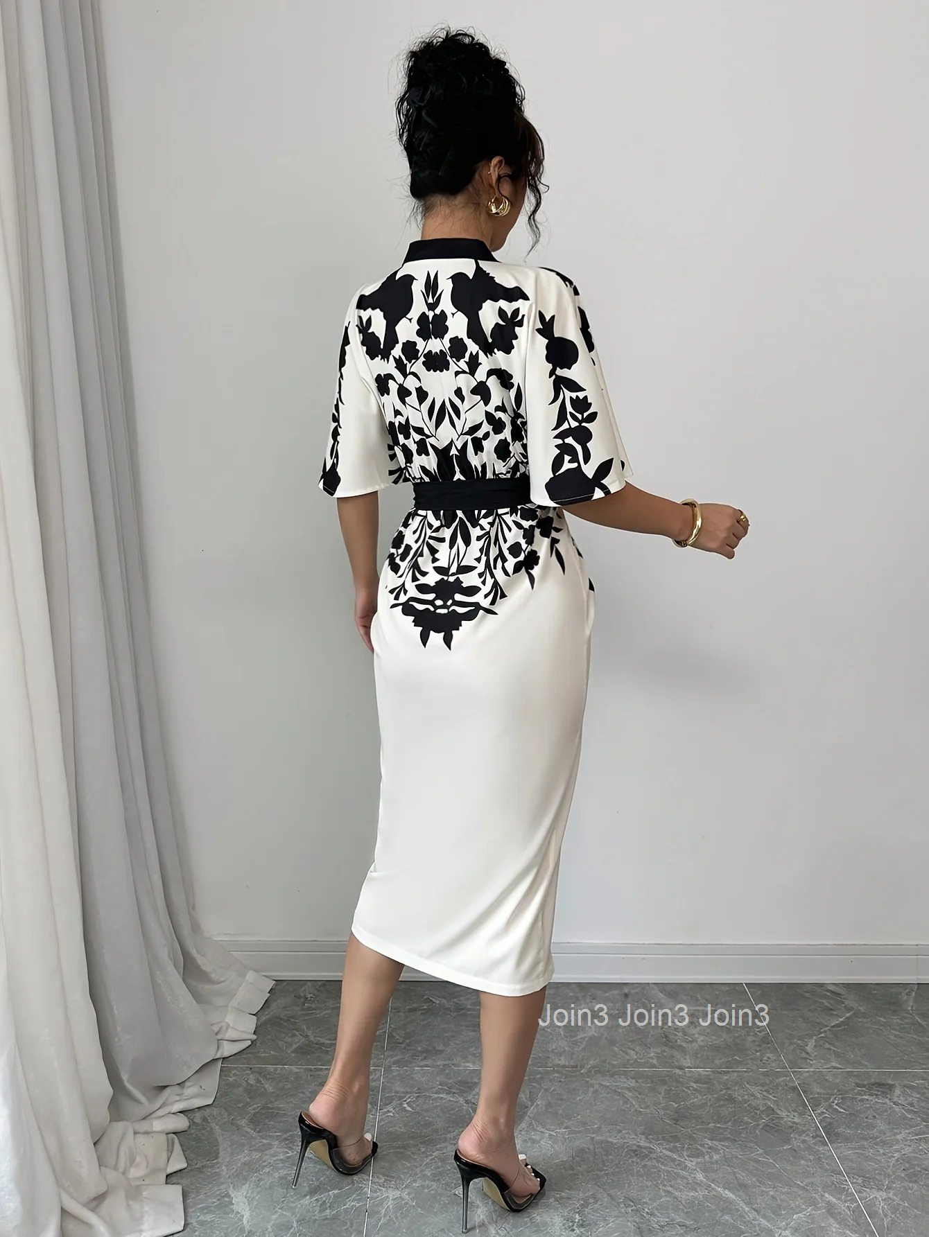 Lemongor Womens Elegant V-Neck A-line Party Dresses New Half Sleeves Flower Printed Tied Waist Urban Office Midi Dress