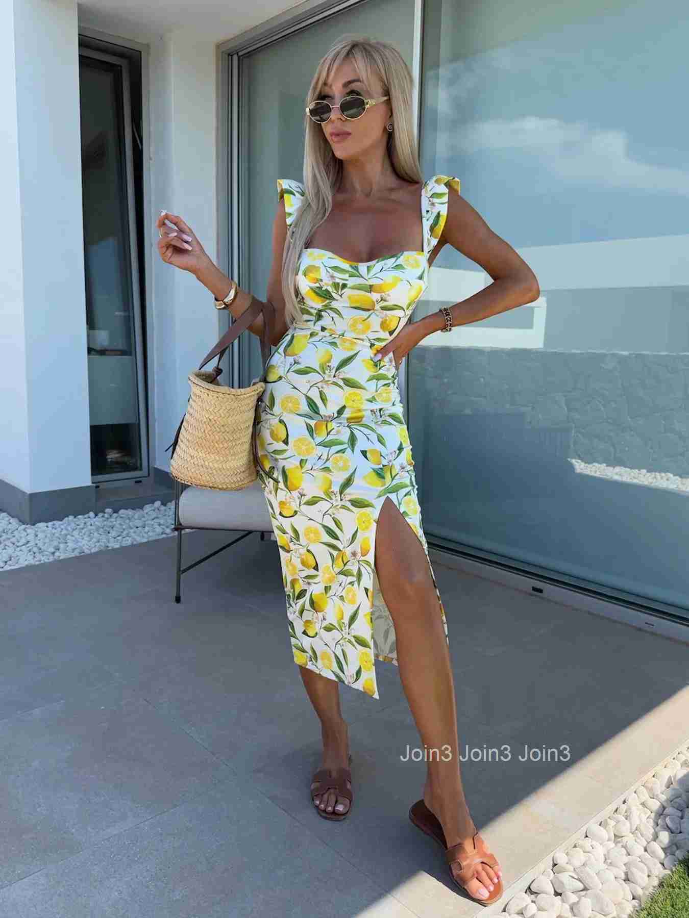 New European and American summer elegant design French lemon suspender slit midi-length ladies dress