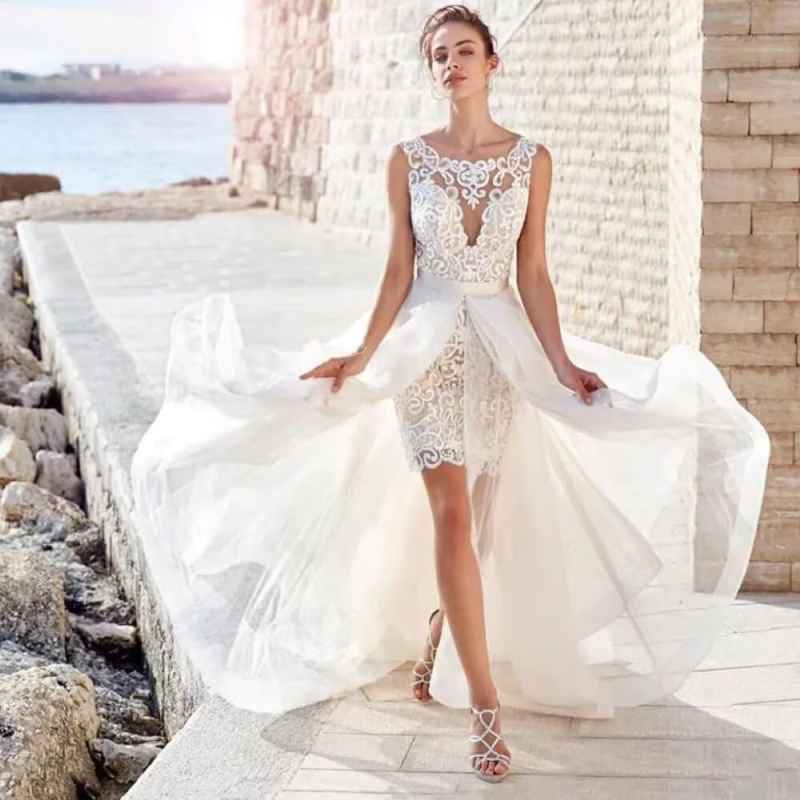 Short Sheath Lace Wedding Dresses With Detachable Skirt 2 in 1 Boho Beach Bridal Gown Appliques Illusion Back Ivory Bride Dress Summer Vestidos De Nov