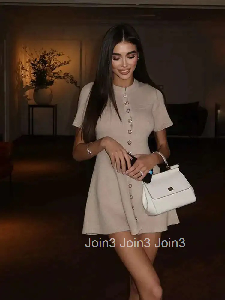 Women Elegant Contrast Single Breasted Knitted Mini Dress Fashion O Neck Short Sleeve A Line Vestidos Female Summer PLQ7