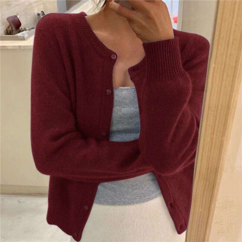 Solid Color Knitted Single Row Long Sleeved Pullover, Round Neck Cardigan, Outerwear, Sweater For Women