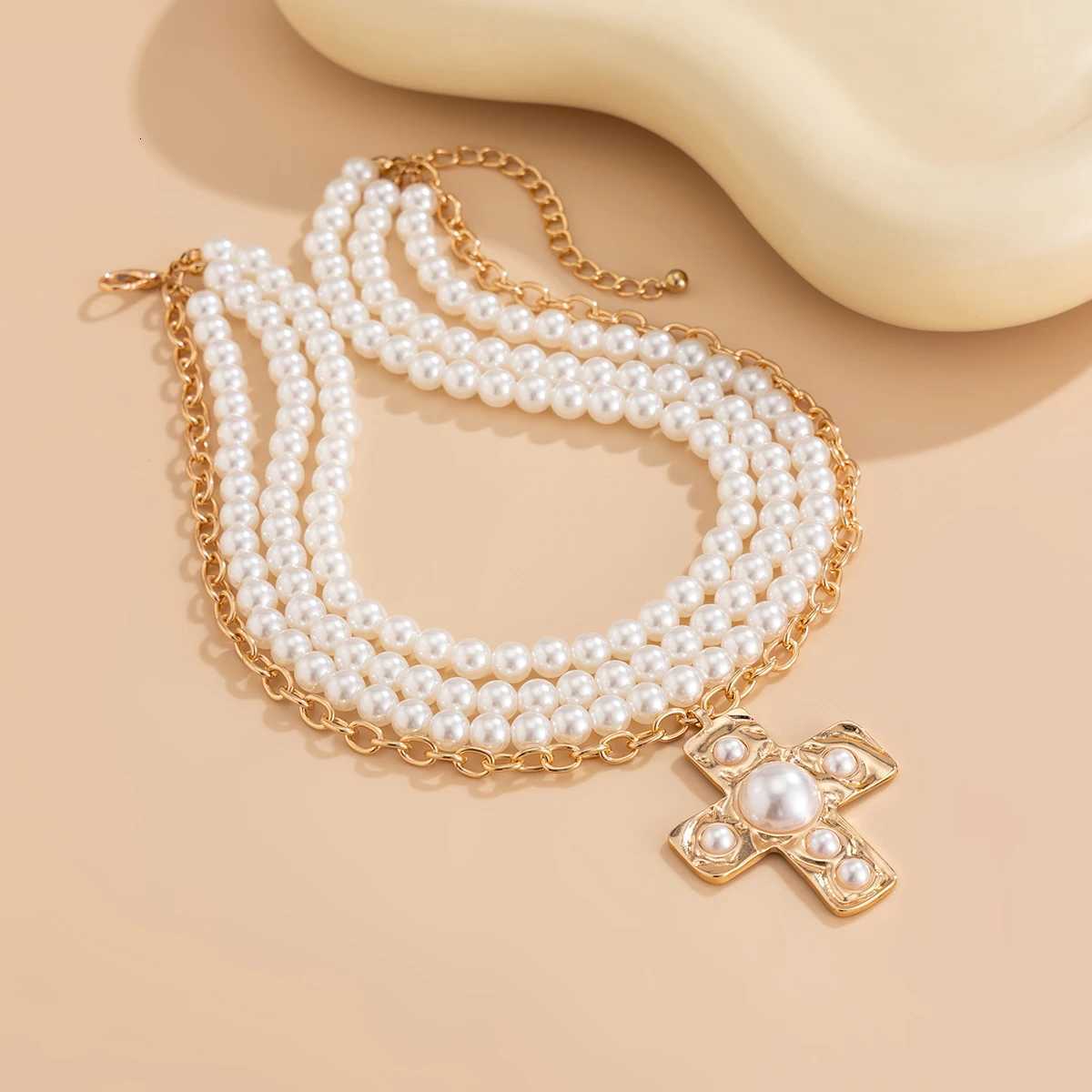 Ingemark Multilayer Imitation Pearl Chain Necklace Women Trendy 2025 Goth Big Jesus Cross Pendant Choker New Year Jewelry Gift Y250805