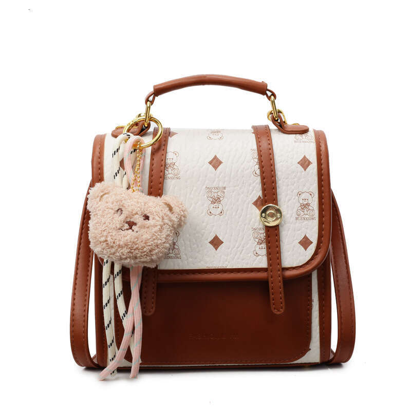 Chic Patterned Mini Backpack with Teddy Charm - Adjustable Straps, Multiple Compartments, Ideal for Teen Girls and Young Women