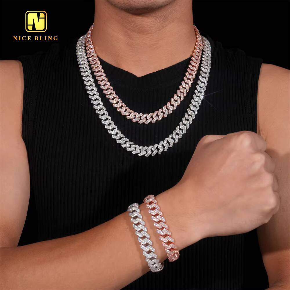 12mm Wholesale Price Iced Out Stone Cuban Link Chain 925 Silver Men Hip Hop Jewelry Cubic Diamond Diamond Necklace Bracelet