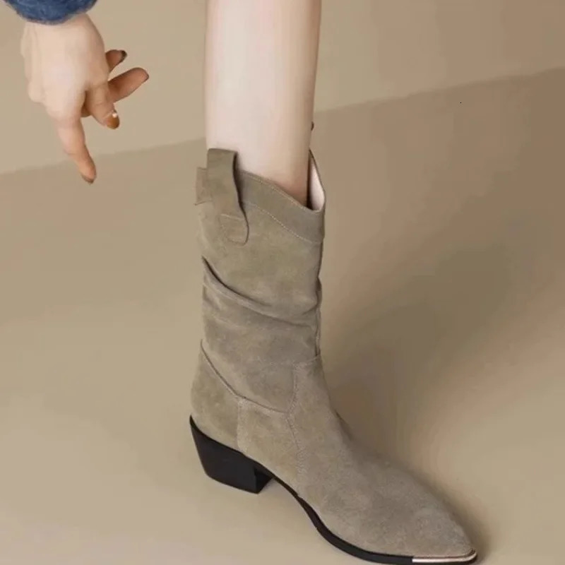 Autumn Winter Classic Chelsea Boots for Woman Suede Pointy Toe Wedge Heel Ankle Boots Simple Comfortable Cowboy Botas Female 250731