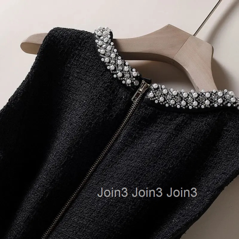 Women French Style Stylish Beaded Luxury Chic Zipper Tweed Dress Vintage Elegant Sleeveless Slim Fit Party Midi Dresses Vestidos