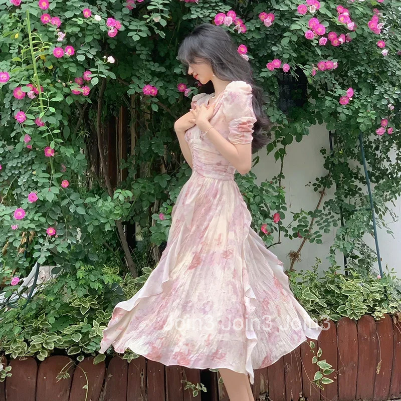 Summer V-neck Print Dress French Style Women Elegent Party Pink Midi Dress Female Fashion A Line Holiday Korean Clothes Vestidos