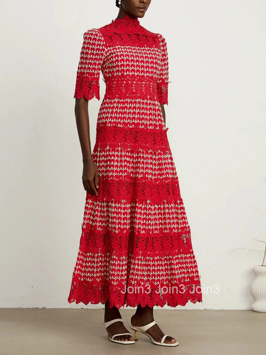 Embroidery Slimming Dress Women Stand Collar Half Sleeve High Waist Hollow Out Temperament Dresses Female Fashion