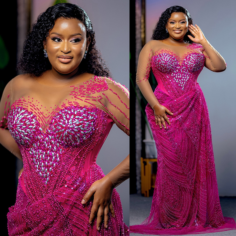 2025 Plus Size Fuchsia Prom Dress Evening Dresses Formal Gowns Long Sleeves Gorgeous Sheer Neck Beaded Lace Pearls Birthday Dress Second Reception Gow