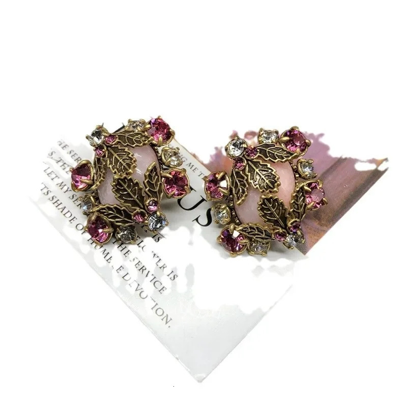 NISHIZAWA Leaf Stud Earrings for Women Pink Gemstones Vintage Sweet Jewelry Style Exquisite Fashion Aretes De Mujer 250729