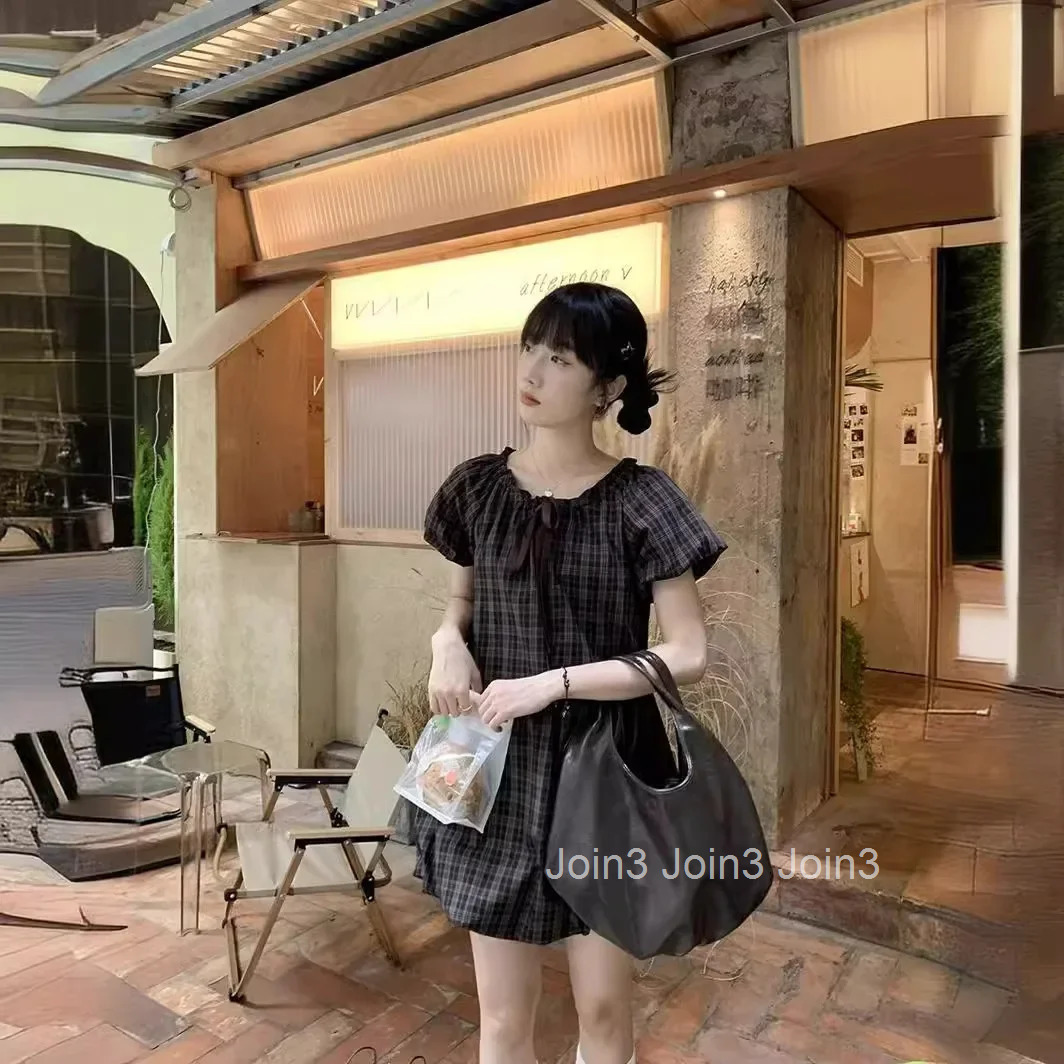 Summer New Arrival Womens Plaid Puff Sleeve Dresses Petite Medium Length Fashionable Wood Ear Trimmed Dresses