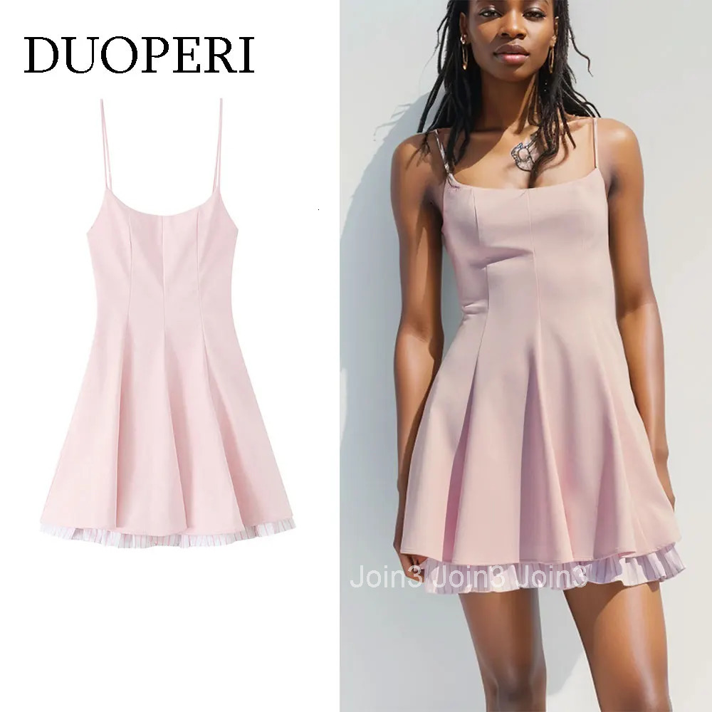 DUOPERI Women Patchwork Pleated Backless Mini Dress Zipper Thin Straps Korean Square Collar Female Elegance Camisole Dresses