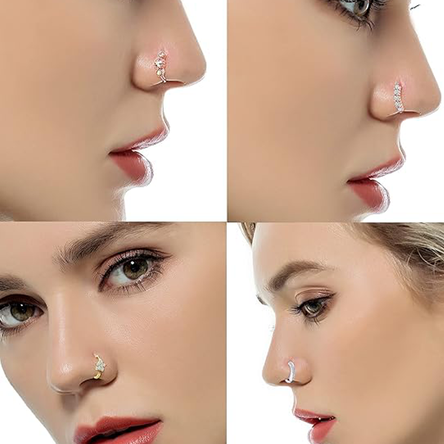 10Pcs Nose Ring Hoop Paved Flower Leaf Feather CZ Cartilage Earrings Nose Piercing Jewelry for Women Men Gold Tone 20G