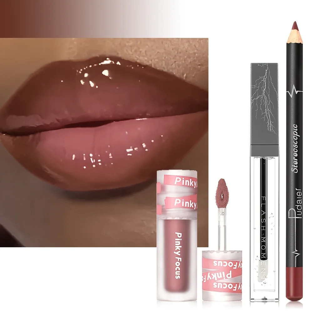 3PCS Shimmer Lip Gloss - Lip Liner and Lip Mud and Oil Non-StickyGlitter Nourishing Glossy Lipstick 250805