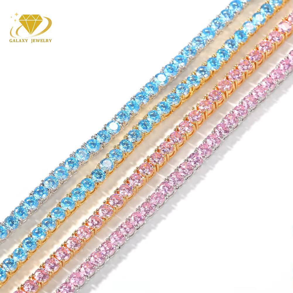 Wholesale Custom Jewelry White Gold Plated 3mm 4mm 5mm Men Women Iced Out Blue Pink Moissanite Diamond Chain Tennis Necklace