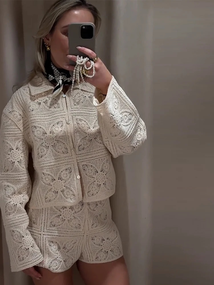 Crochet Hollow Out Cardigan Shorts Suits Women Elegant Lapel Long Sleeve Single Breasted Coats Low Waist Shorts Chic Ladies Sets 250804