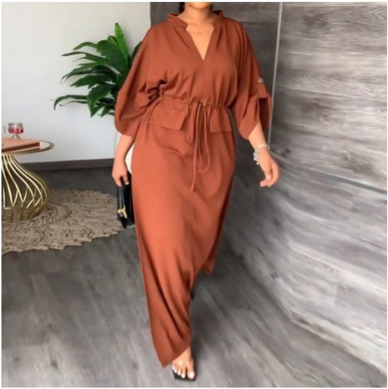 (791) New Style Temperament V-neck Tie Waist Loose Casual Large Size Dress