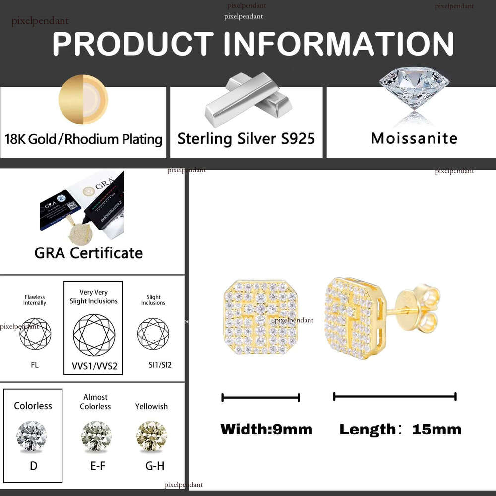 Fashion Waterproof Pure Sier Square Earrings Men's Gift Iced VVS D Moissanite Cross Studs