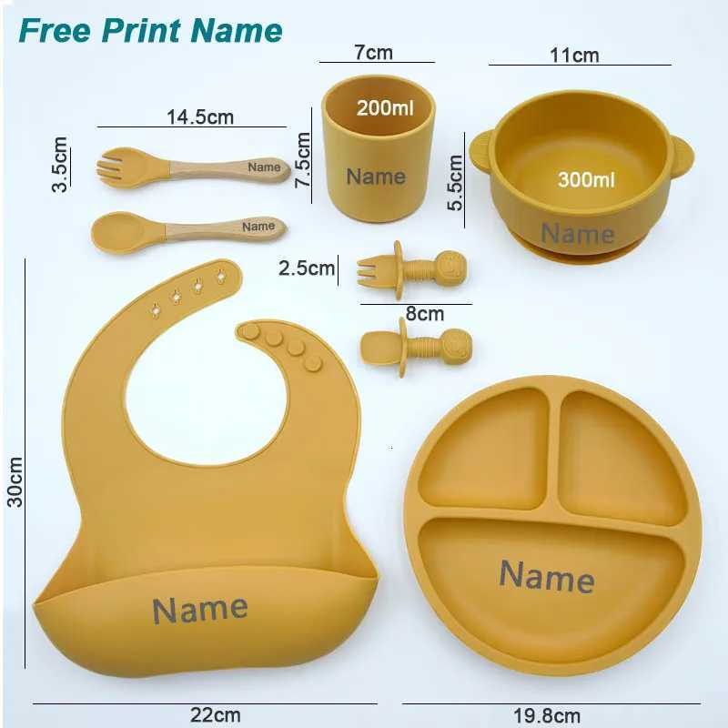 Personalized Name Baby Silicone Feeding Set Sucker Bowl Silicone Dish Plate For Baby Cup Bibs Spoon Fork Tableware BPA Free X250806