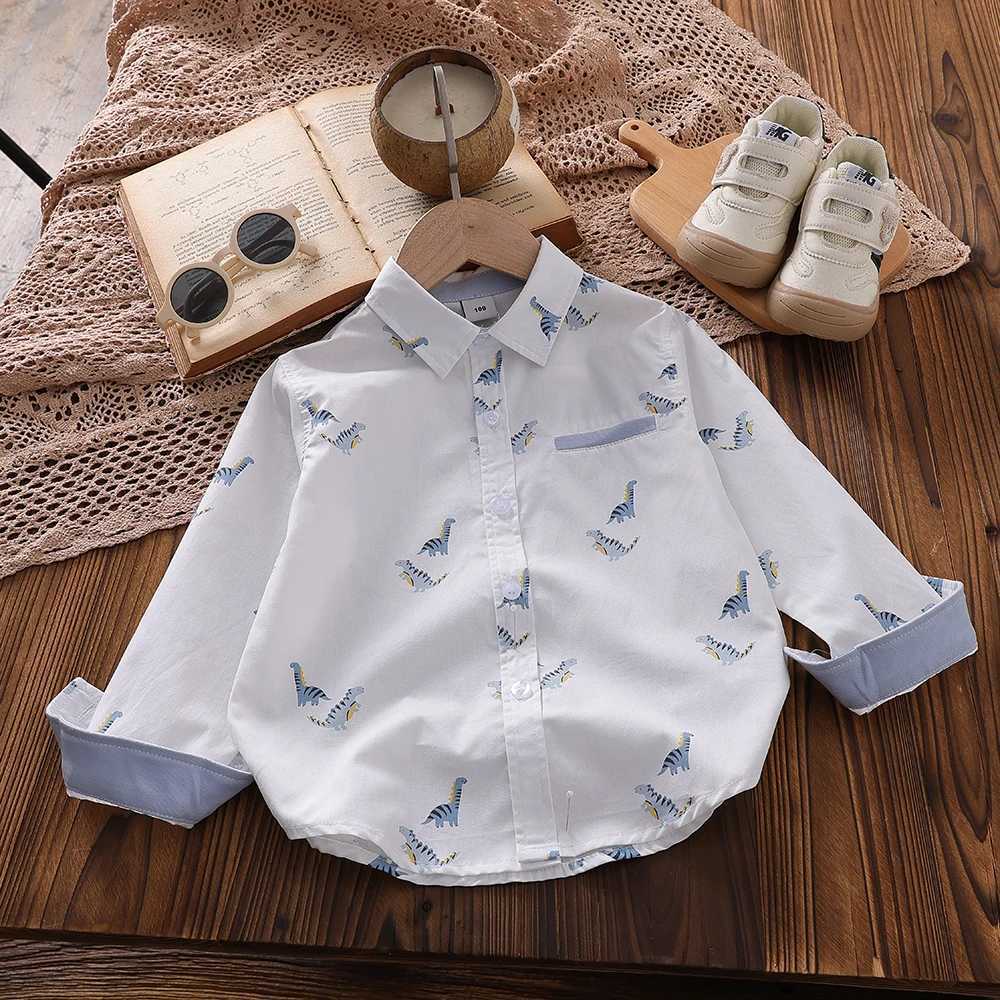 Boys Clothes White Cotton Long Sleeve Dinosaur Patterned Shirt for Toddler Boys Casual Top for Kids Aged 3-6 X250806