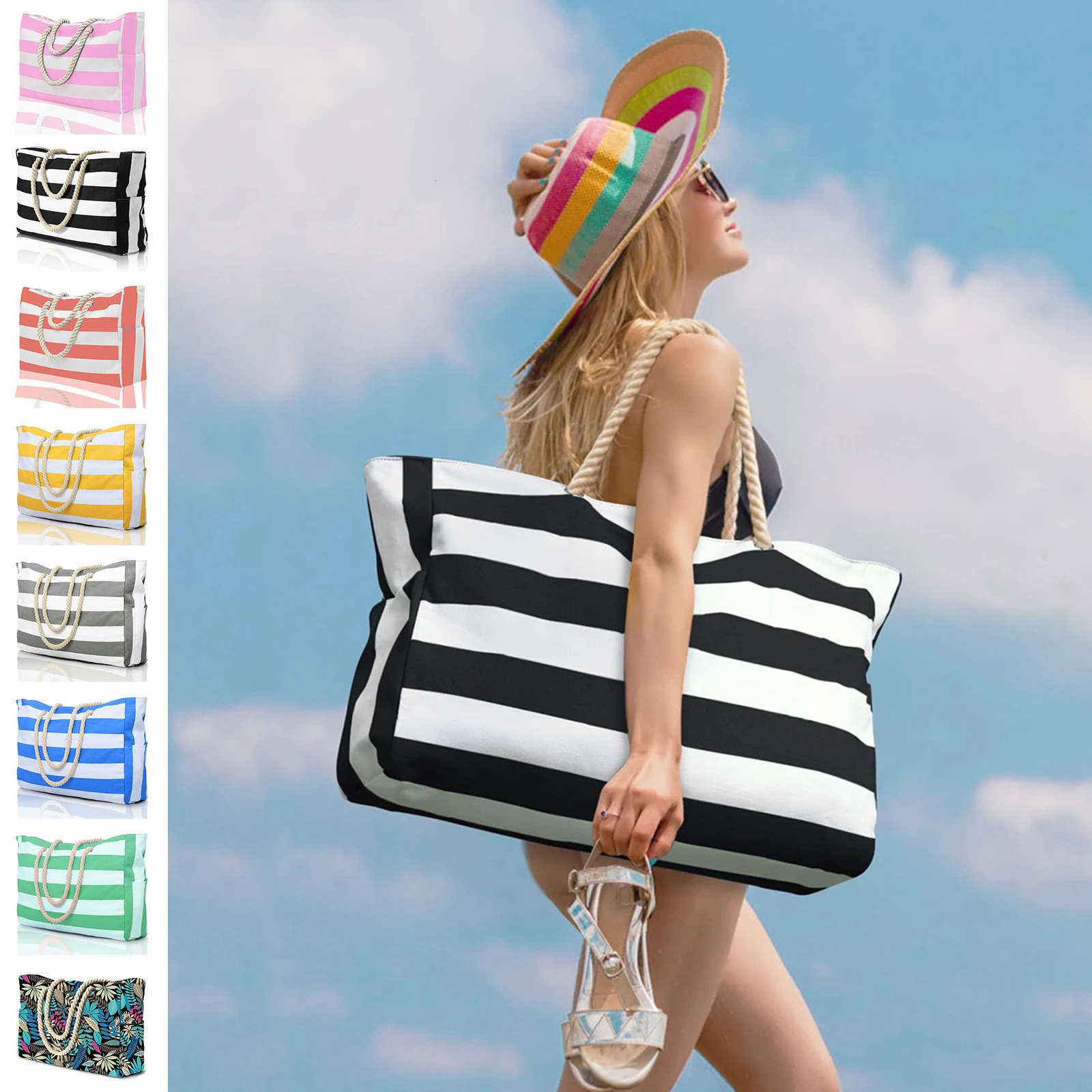 Striped zipper outer bag for outdoor travel and vacation waterproof and sand resistant canvas convenient folding beach bag-zmt 250804