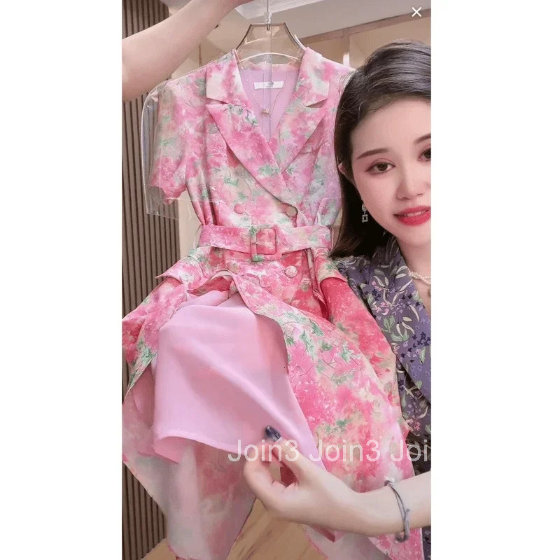 French fashion floral double-breasted belt dress female summer new temperament Joker slim waist sweet and elegant skirt.